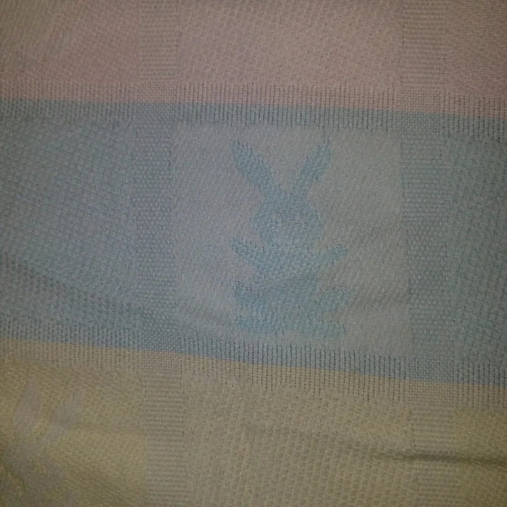 VTG All Mine Bunny Rabbit Knit Baby Blanket 100% Acrylic Pastel Pink Blue Yellow